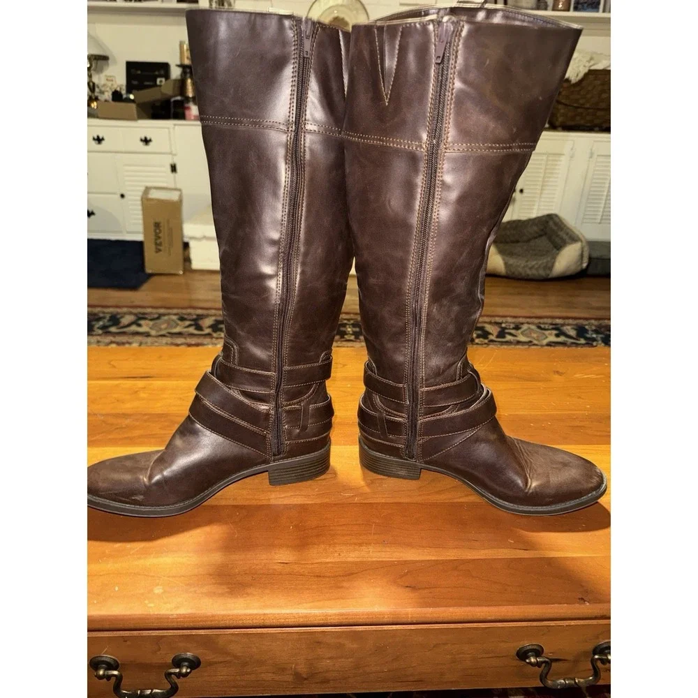 Merona Brown Buckled Faux Leather Knee-High Riding Boots Women's Size 9.5